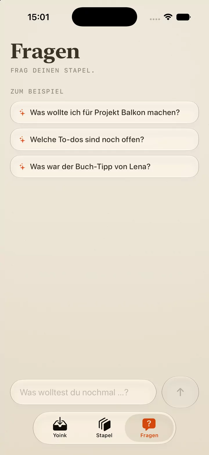 The ask screen: example questions and a text field for your own question.