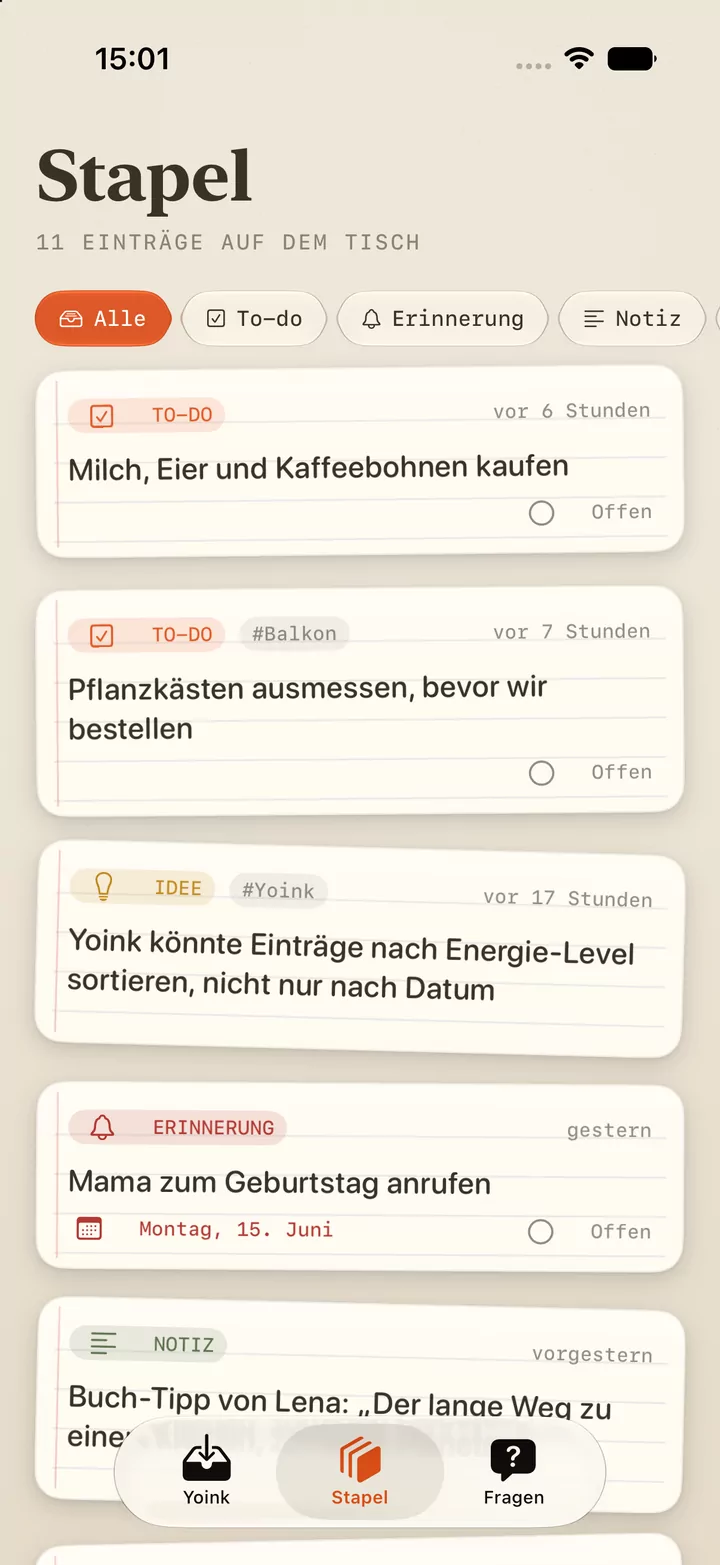 The stack: entries labelled as to-do, idea or reminder, with filters along the top.